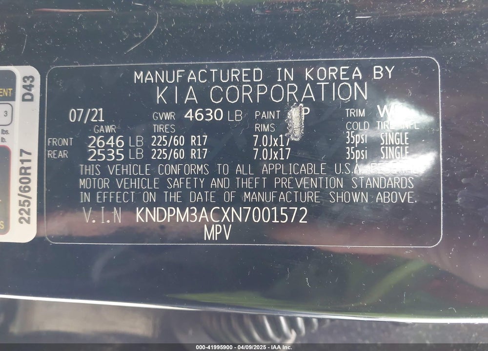 2022 KIA SPORTAGE VIN: KNDPM3ACXN7001572