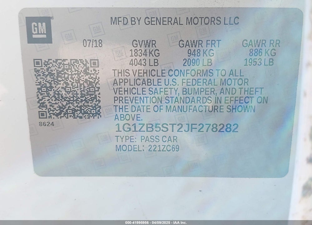 2018 CHEVROLET MALIBU VIN: 1G1ZB5ST2JF278282