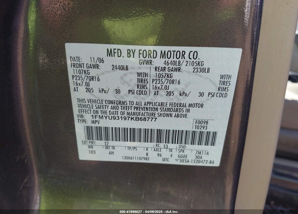 2007 FORD ESCAPE XLT/XLT SPORT VIN: 1FMYU93197KB68777