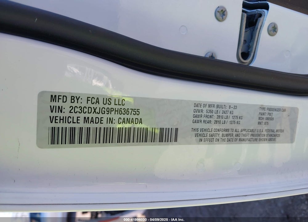 2023 DODGE CHARGER VIN: 2C3CDXJG9PH636755