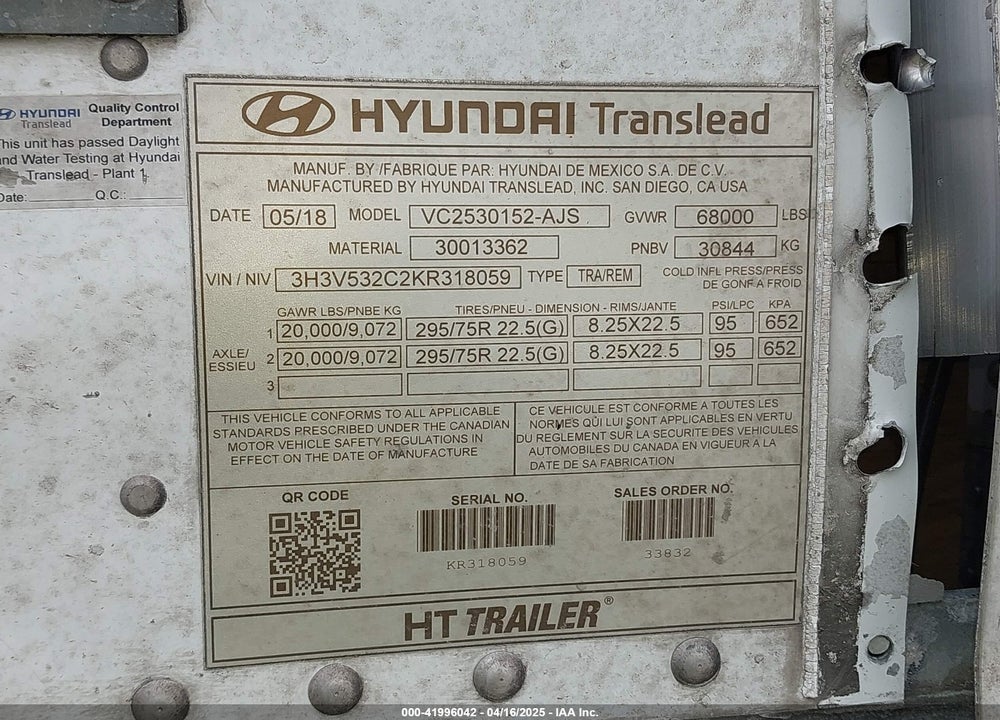 2019 HYUNDAI TRANSLEAD INC 53' SEMI TRAILER VIN: 3H3V532C2KR318059
