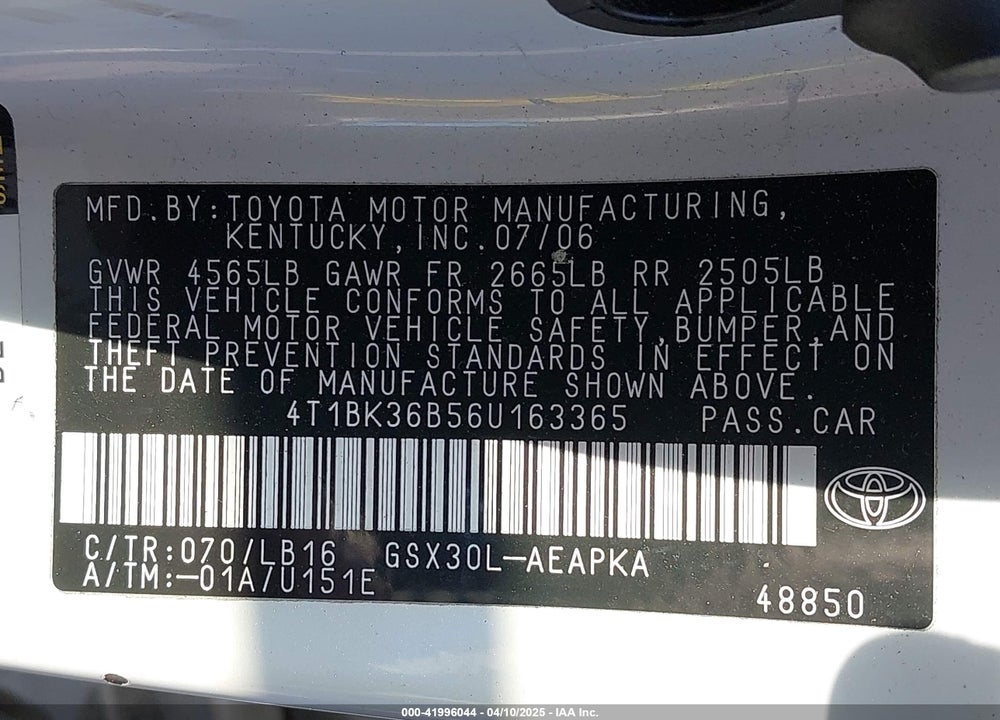 2006 TOYOTA AVALON LIMITED VIN: 4T1BK36B56U163365