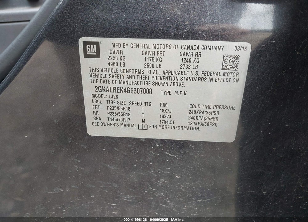 2016 GMC TERRAIN VIN: 2GKALREK4G6307008