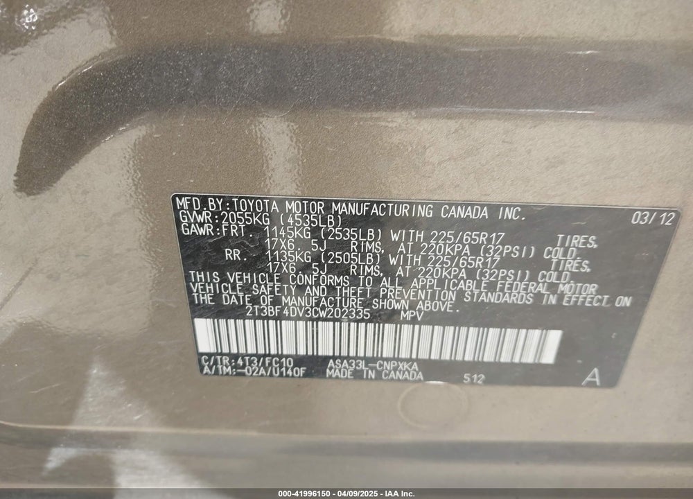 2012 TOYOTA RAV4 VIN: 2T3BF4DV3CW202335