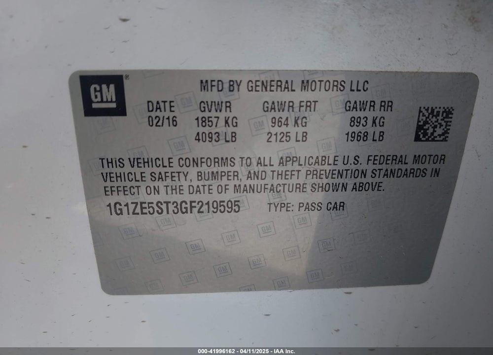 2016 CHEVROLET MALIBU 1LT VIN: 1G1ZE5ST3GF219595