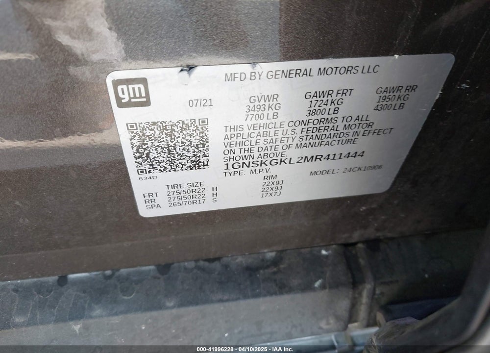 2021 CHEVROLET SUBURBAN VIN: 1GNSKGKL2MR411444