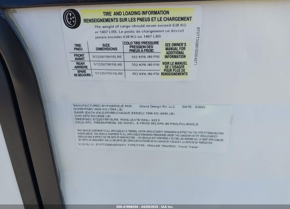 2022 GRAND DESIGN M-265BH VIN: 573TT3326NDD04271