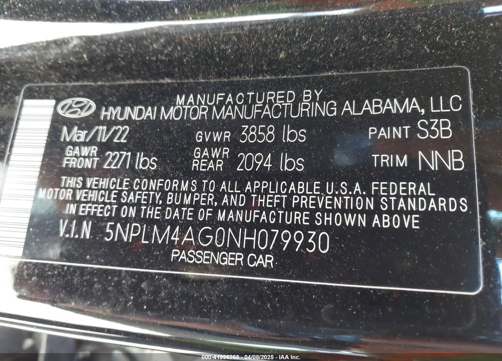 2022 HYUNDAI ELANTRA SEL VIN: 5NPLM4AG0NH079930