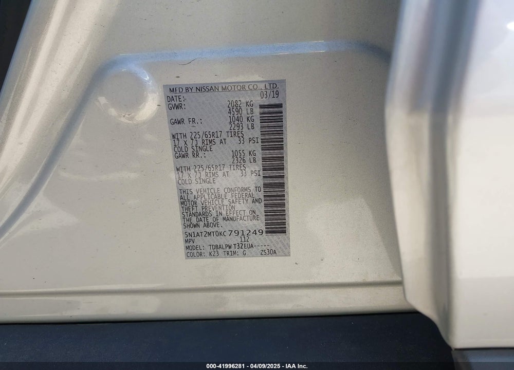 2019 NISSAN ROGUE VIN: 5N1AT2MT0KC791249