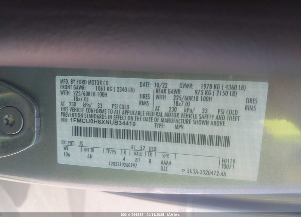 2022 FORD ESCAPE VIN: 1FMCU0H6XNUB34410