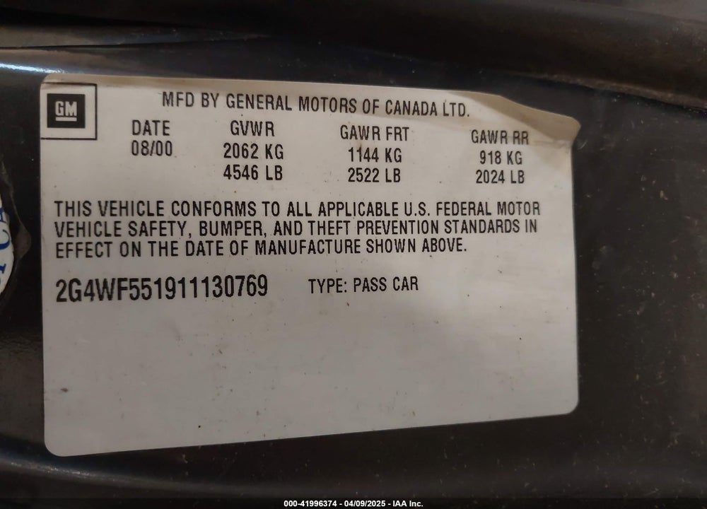 2001 BUICK REGAL GS VIN: 2G4WF551911130769