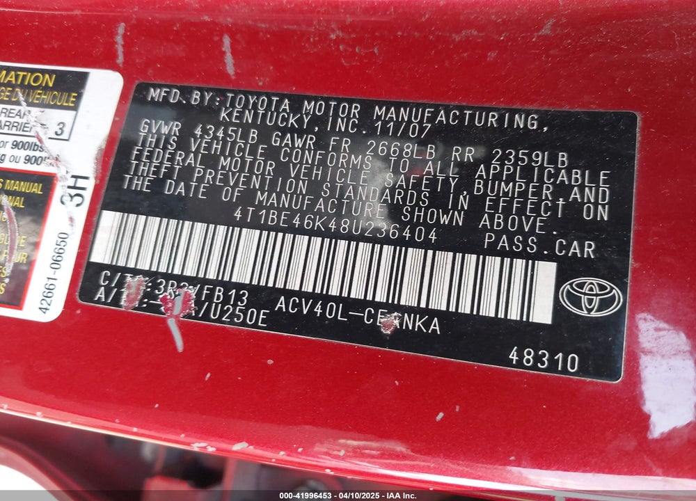 2008 TOYOTA CAMRY VIN: 4T1BE46K48U236404