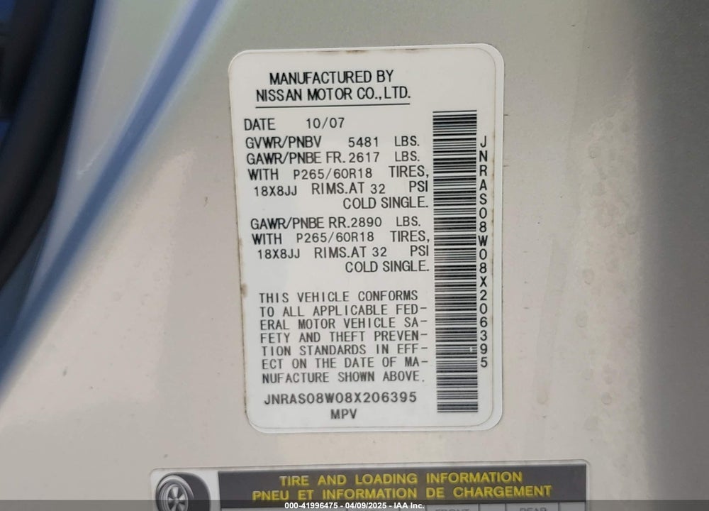 2008 INFINITI FX35 VIN: JNRAS08W08X206395