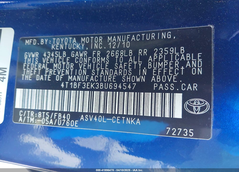 2011 TOYOTA CAMRY LE VIN: 4T1BF3EK3BU694547