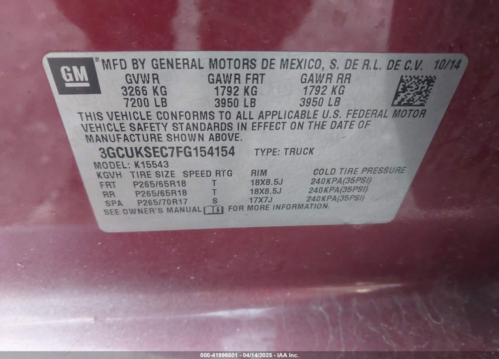 2015 CHEVROLET SILVERADO 1500 2LZ VIN: 3GCUKSEC7FG154154