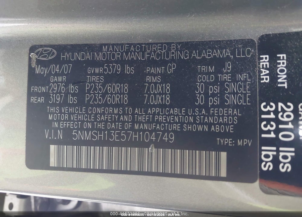 2007 HYUNDAI SANTA FE VIN: 5NMSH13E57H104749