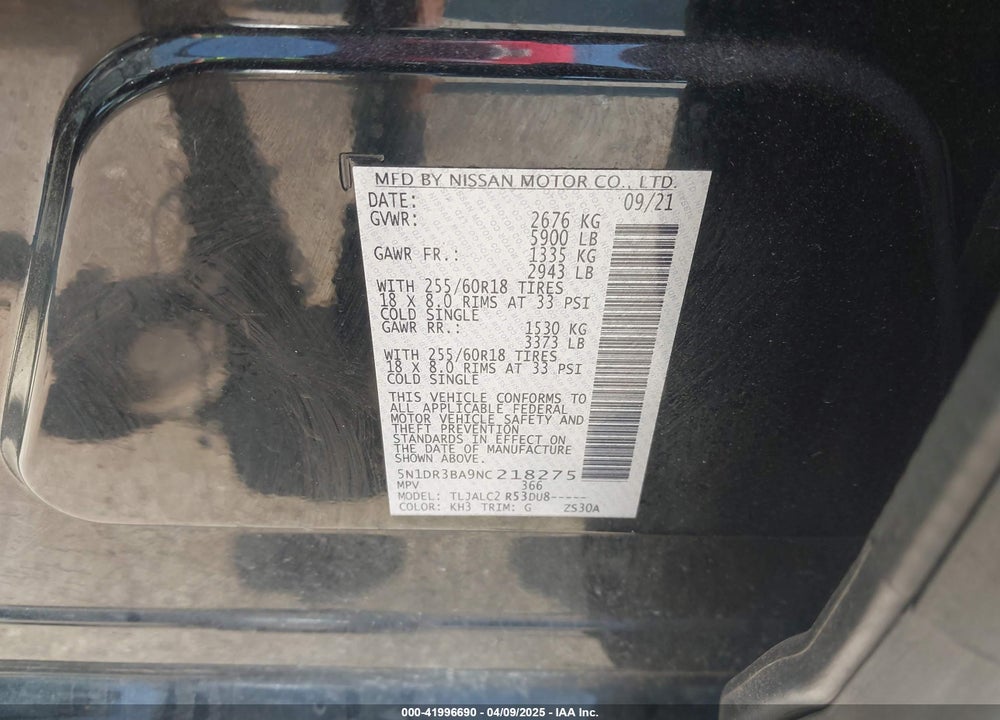 2022 NISSAN PATHFINDER VIN: 5N1DR3BA9NC218275