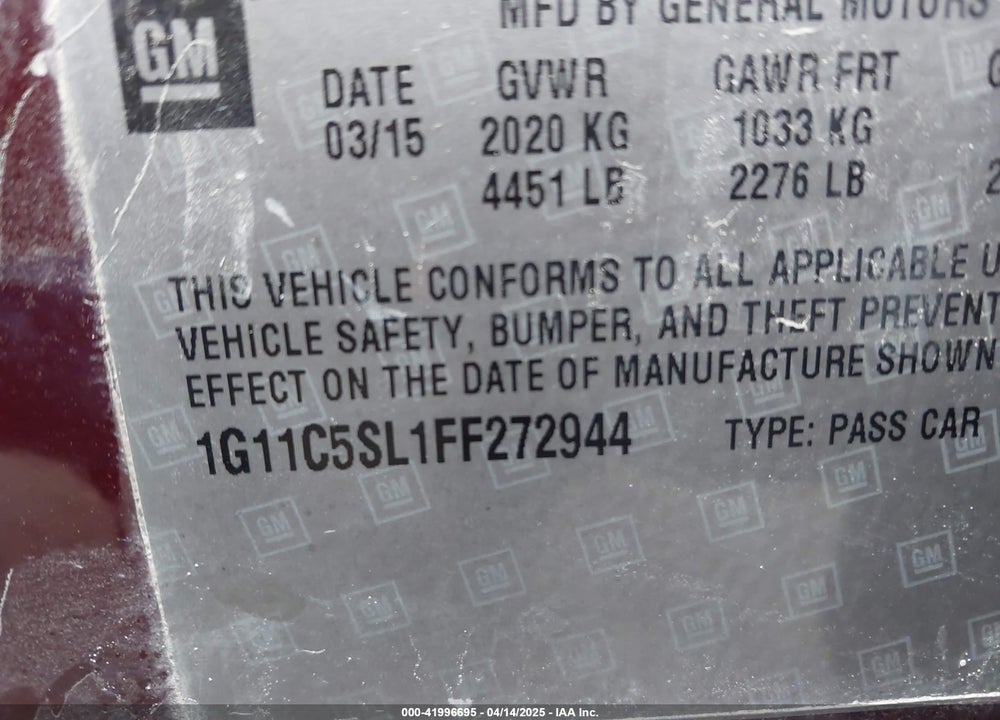 2015 CHEVROLET MALIBU 1LT VIN: 1G11C5SL1FF272944