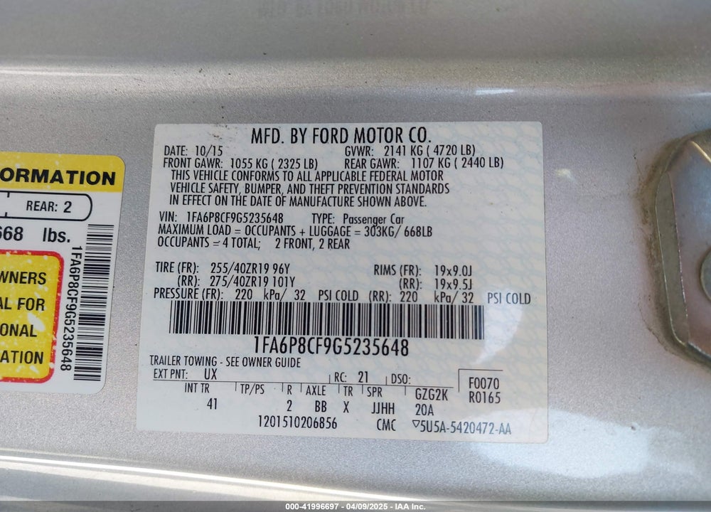 2016 FORD MUSTANG VIN: 1FA6P8CF9G5235648