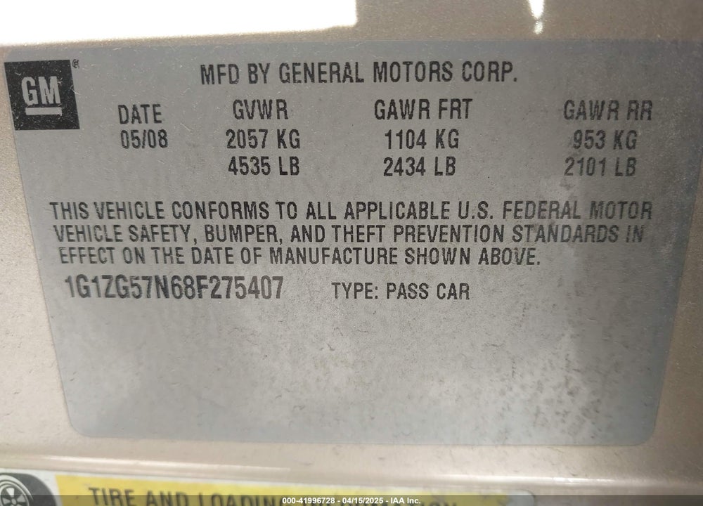 2008 CHEVROLET MALIBU VIN: 1G1ZG57N68F275407