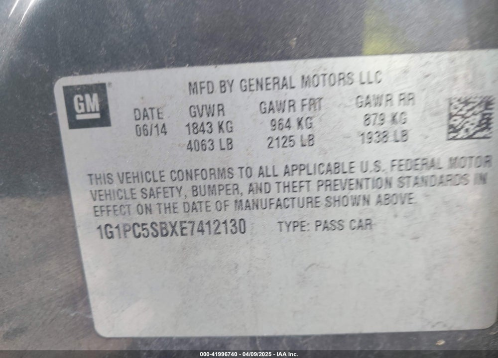 2014 CHEVROLET CRUZE VIN: 1G1PC5SBXE7412130