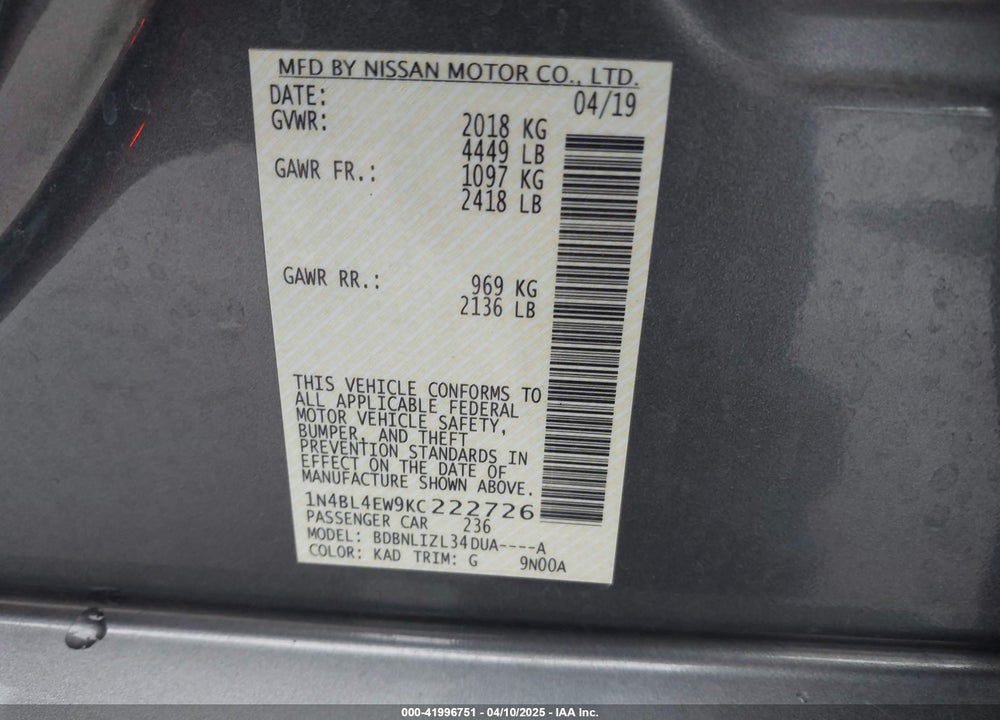 2019 NISSAN ALTIMA VIN: 1N4BL4EW9KC222726