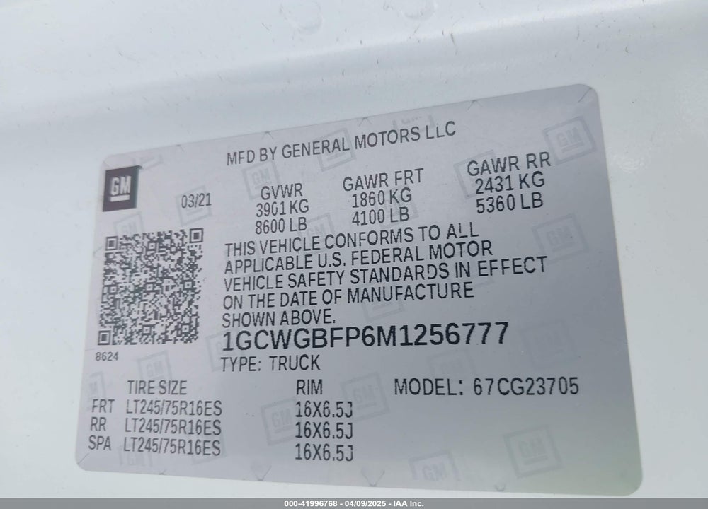 2021 CHEVROLET EXPRESS CARGO RWD 2500 EXTENDED WHEELBASE WT VIN: 1GCWGBFP6M1256777