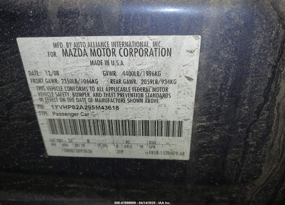 2009 MAZDA 6 VIN: 1YVHP82A295M43618
