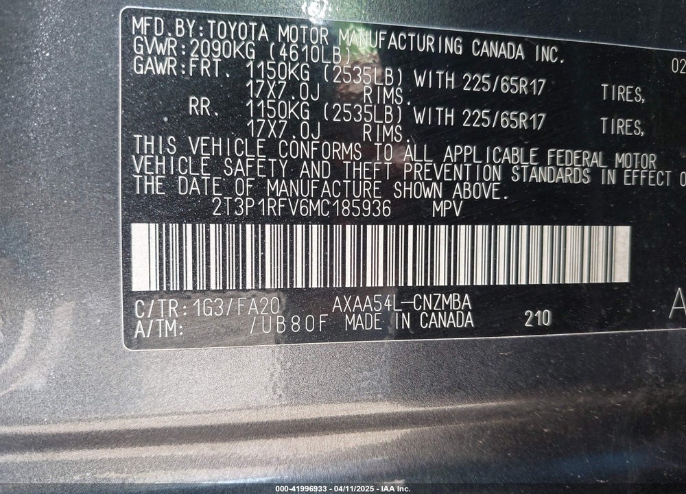 2021 TOYOTA RAV4 VIN: 2T3P1RFV6MC185936