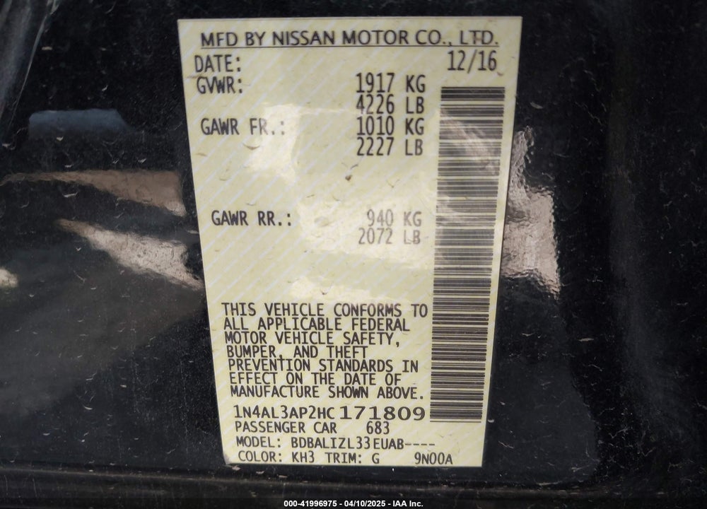2017 NISSAN ALTIMA VIN: 1N4AL3AP2HC171809