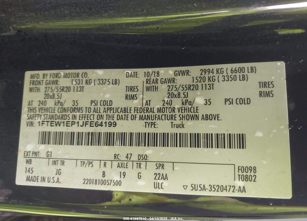 2018 FORD F-150 XL VIN: 1FTEW1EP1JFE64199