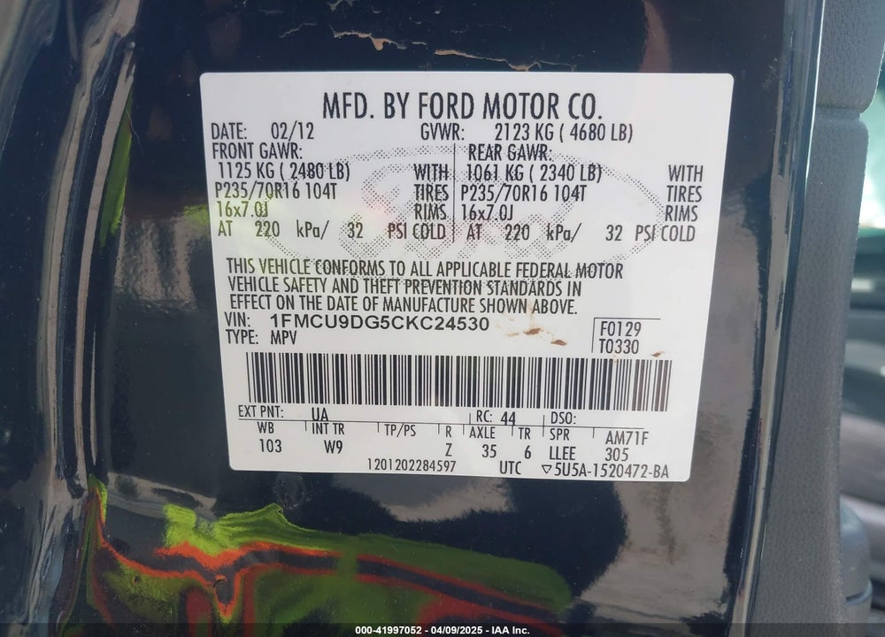 2012 FORD ESCAPE XLT VIN: 1FMCU9DG5CKC24530