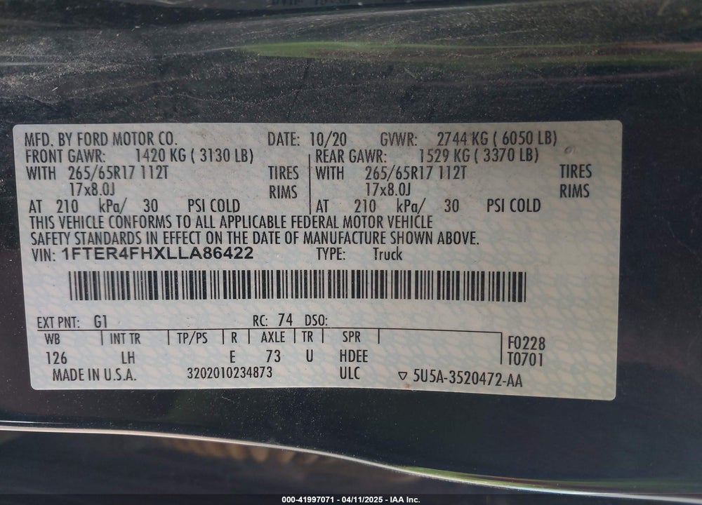 2020 FORD RANGER VIN: 1FTER4FHXLLA86422