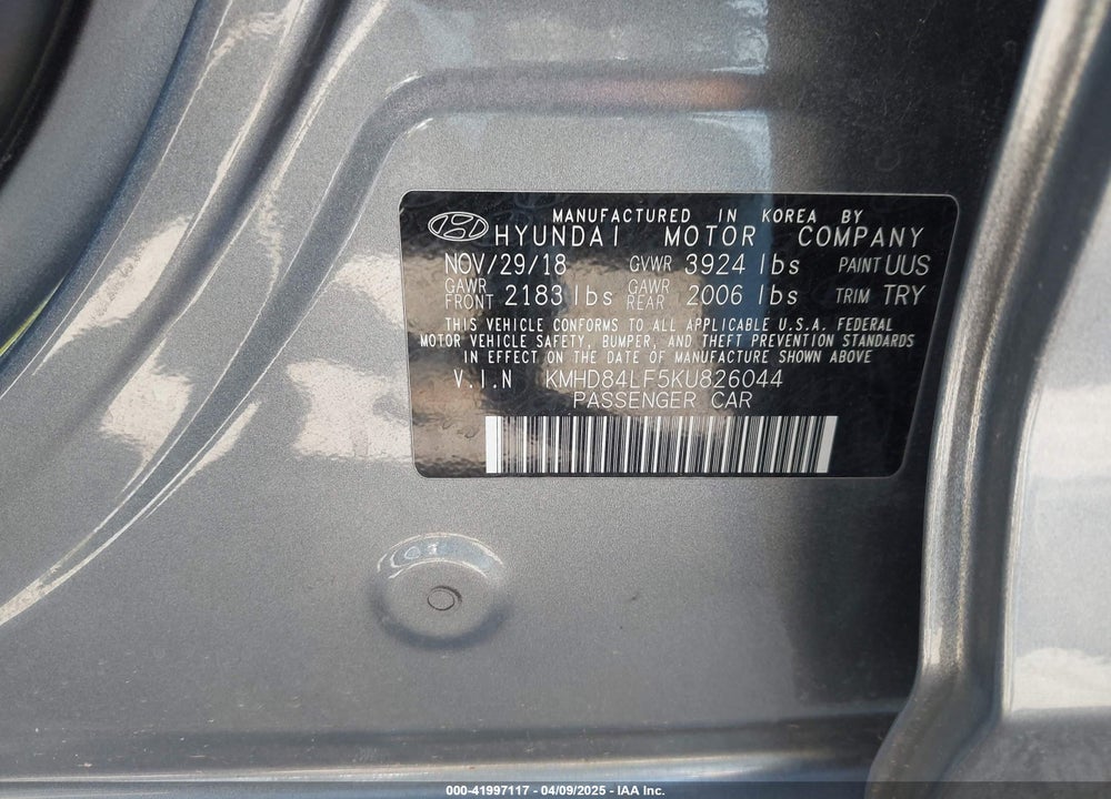 2019 HYUNDAI ELANTRA VIN: KMHD84LF5KU826044