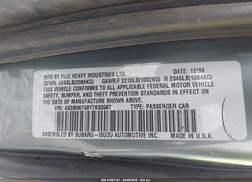 2000 SUBARU OUTBACK VIN: 4S3BH6759Y7633587