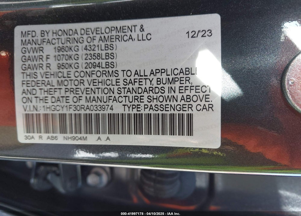 2024 HONDA ACCORD EX VIN: 1HGCY1F30RA033974