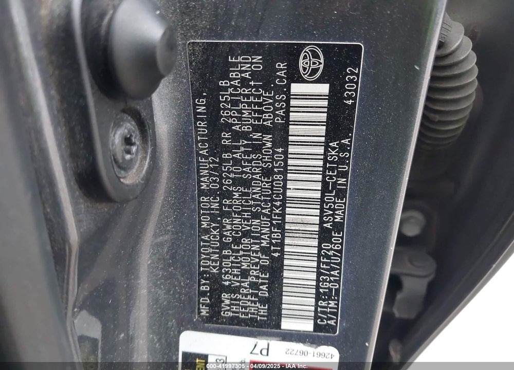 2012 TOYOTA CAMRY SE VIN: 4T1BF1FK4CU081504