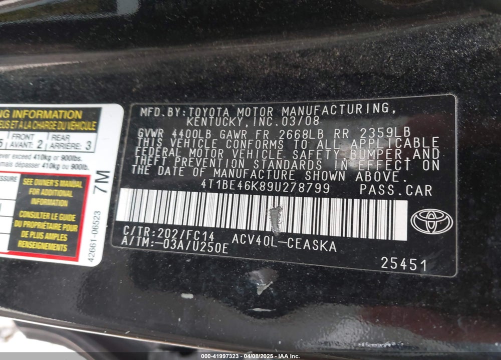 2009 TOYOTA CAMRY SE VIN: 4T1BE46K89U278799