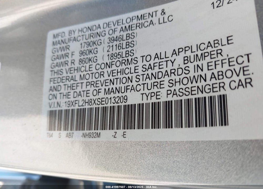 2025 HONDA CIVIC VIN: 19XFL2H8XSE013209