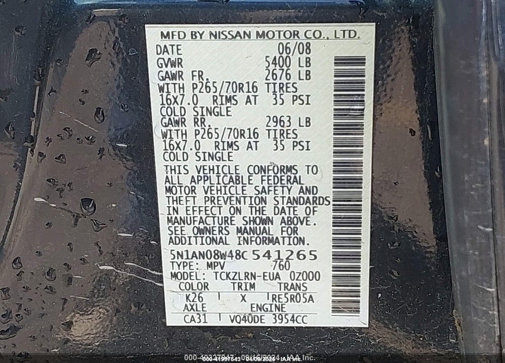 2008 NISSAN XTERRA VIN: 5N1AN08W48C541265
