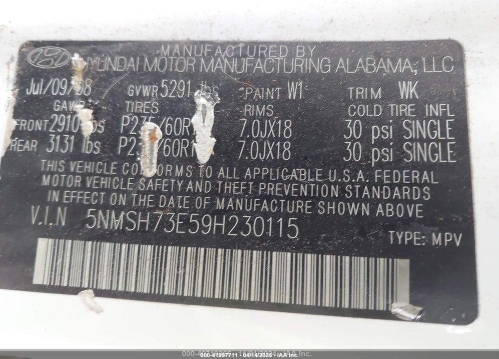 2009 HYUNDAI SANTA FE VIN: 5NMSH73E59H230115