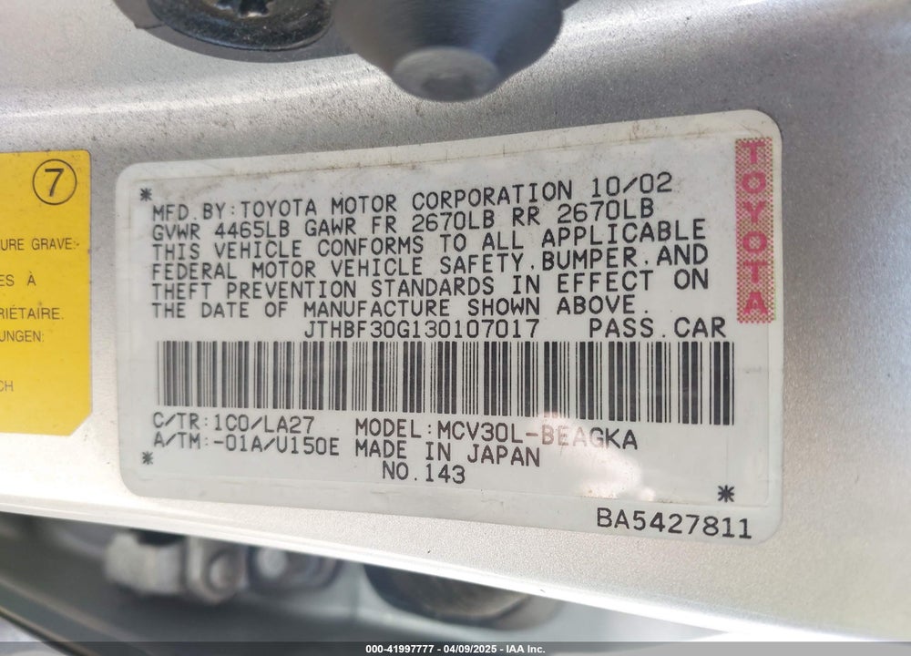 2003 LEXUS ES 300 VIN: JTHBF30G130107017