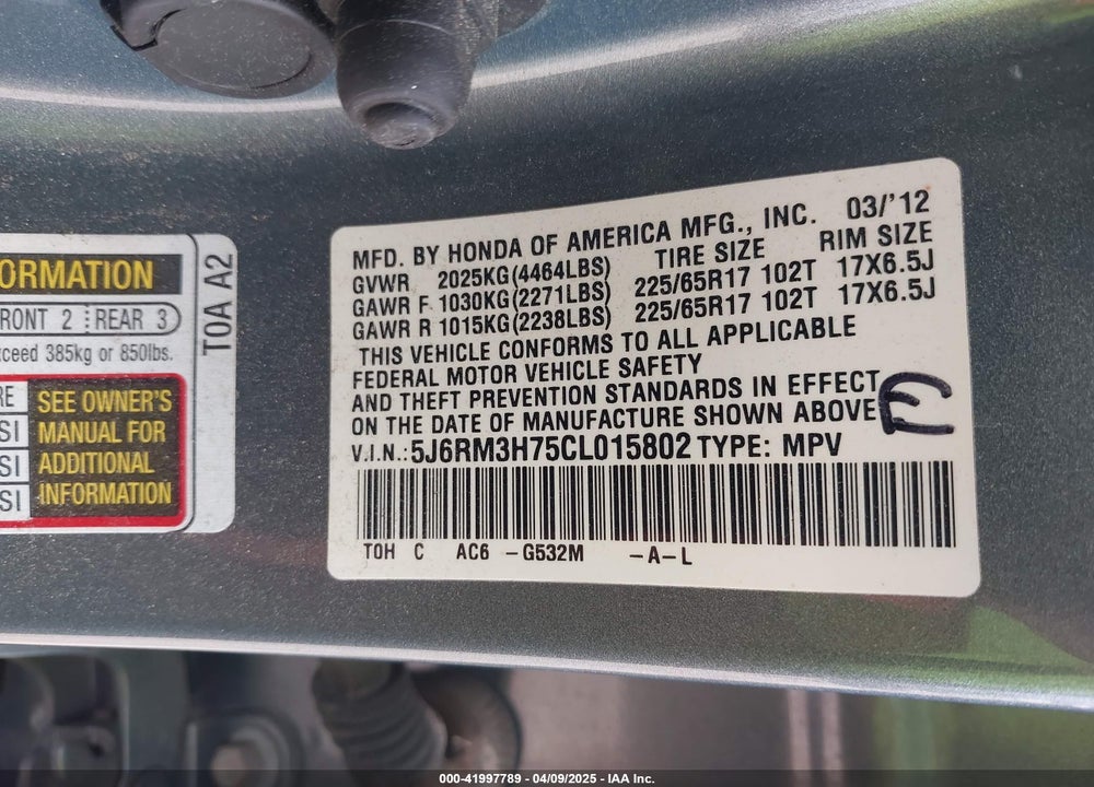 2012 HONDA CR-V VIN: 5J6RM3H75CL015802