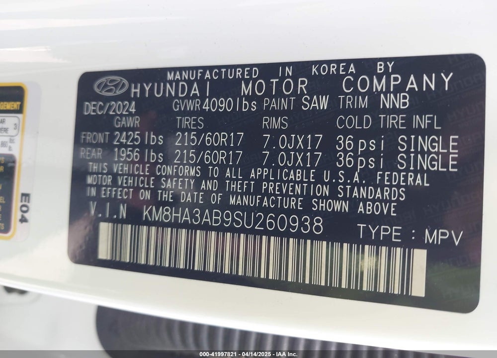 2025 HYUNDAI KONA SE VIN: KM8HA3AB9SU260938