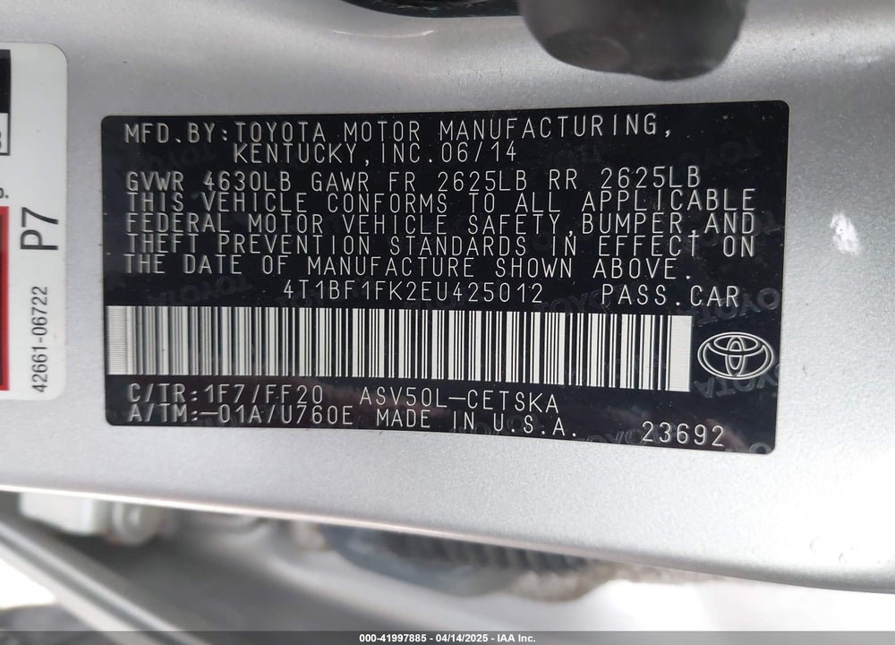 2014 TOYOTA CAMRY VIN: 4T1BF1FK2EU425012