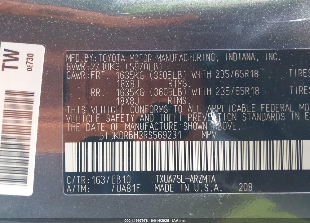 2024 TOYOTA HIGHLANDER XLE VIN: 5TDKDRBH3RS569231