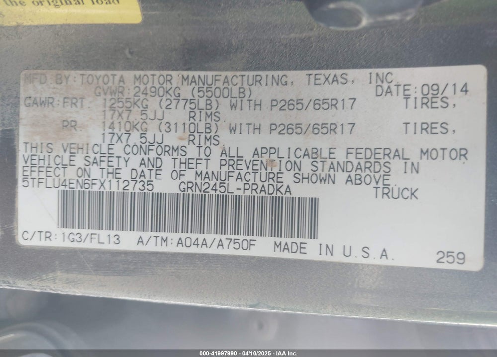 2015 TOYOTA TACOMA BASE V6 VIN: 5TFLU4EN6FX112735