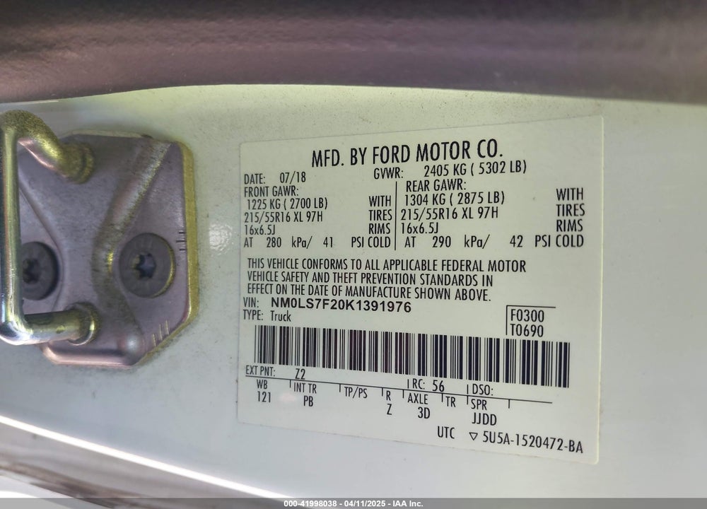 2019 FORD TRANSIT CONNECT VIN: NM0LS7F20K1391976