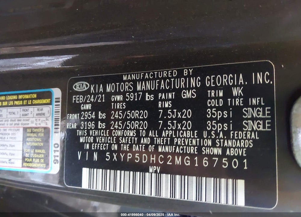 2021 KIA TELLURIDE SX VIN: 5XYP5DHC2MG167501