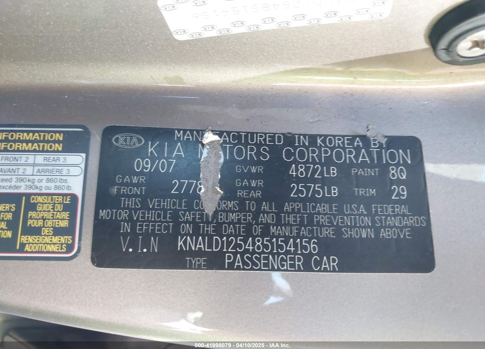2008 KIA AMANTI VIN: KNALD125485154156